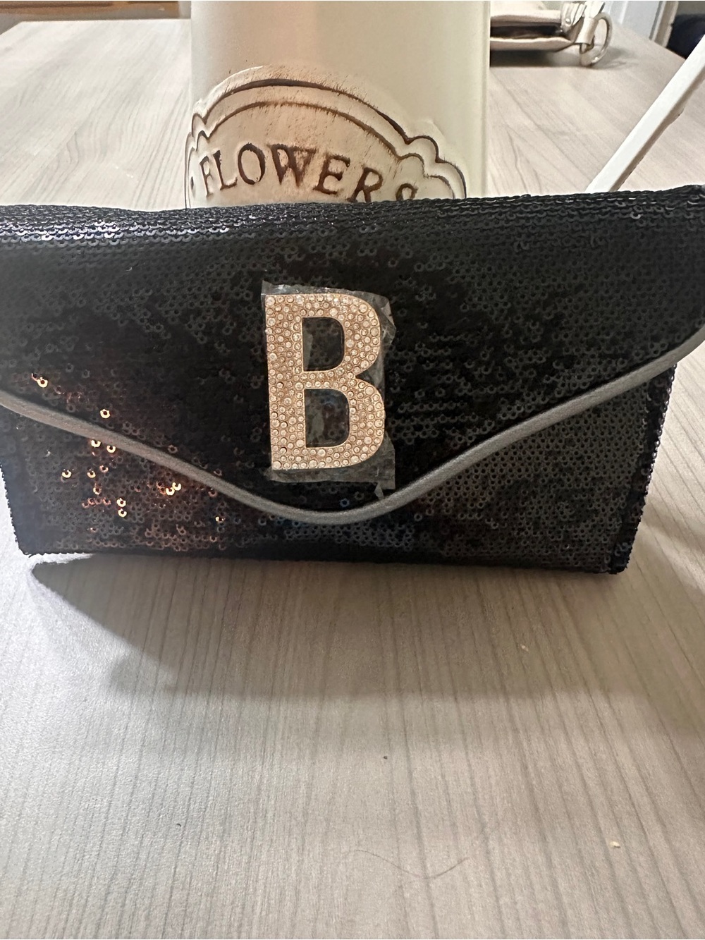 bebe Black Sequin Crossbody Clutch with Rhinestone 'B' Accent